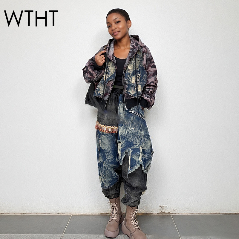 Patchwork Jean Jacket - WTHT Trendy frauen Camouflage Gespleißt Waschen