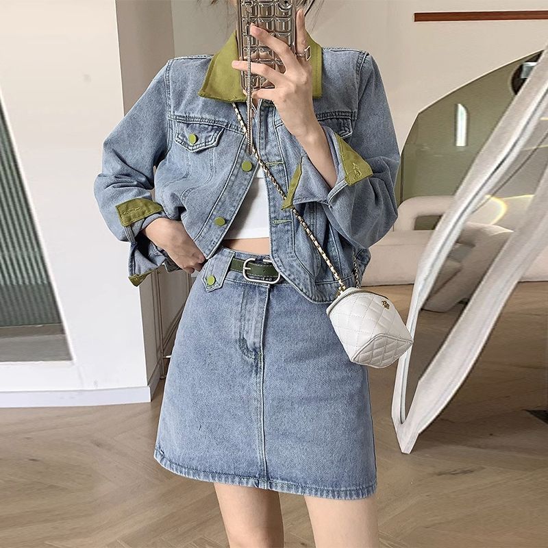 Patchwork Jean Jacket - Denim Mäntel Mini Röcke Zwei Stück