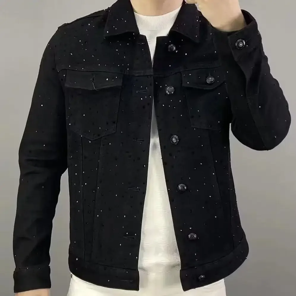 Patchwork Jean Jacket - Jeans-Mantel für Herren, Knopfleiste, lässig, schmal,