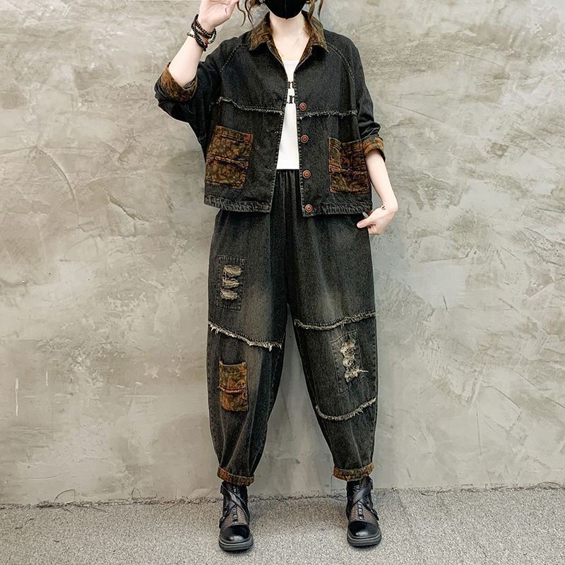 Patchwork Jean Jacket - Herbst Winter Damen Retro Cowboy Set